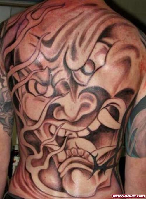 Grey Ink Demon Head Back Tattoo