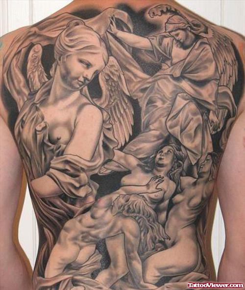 Grey Ink Angels Tattoos On Back