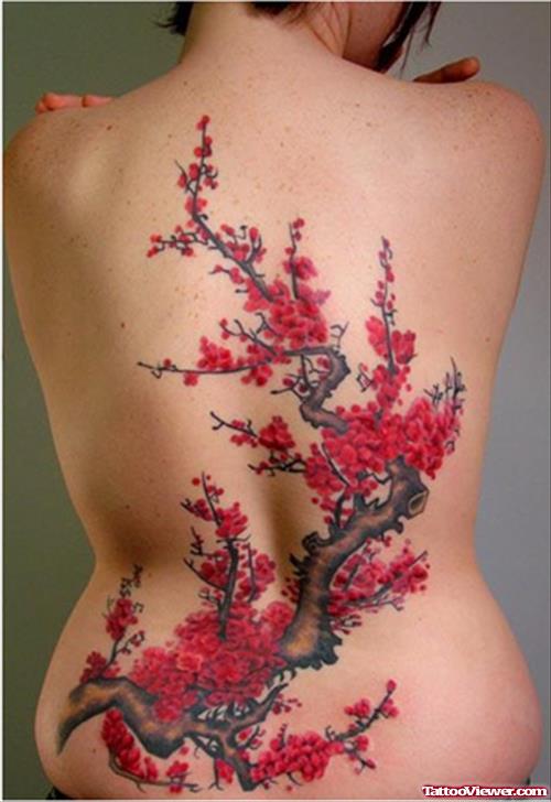 Attractive Red Flowers Back Tattoo For Girls