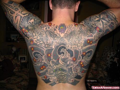 Japanese Dragons And Flowers Back Tattoo