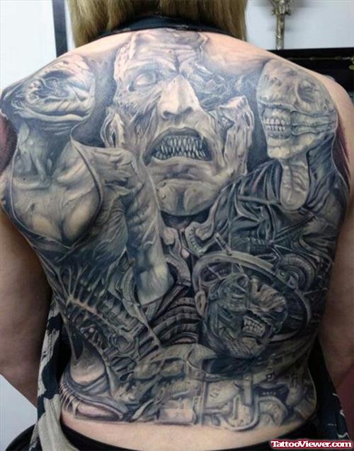Grey Ink Demon Back Tattoo For Girls