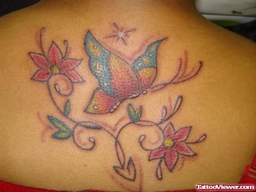 Colorful Butterfly And Flowers Back Tattoo