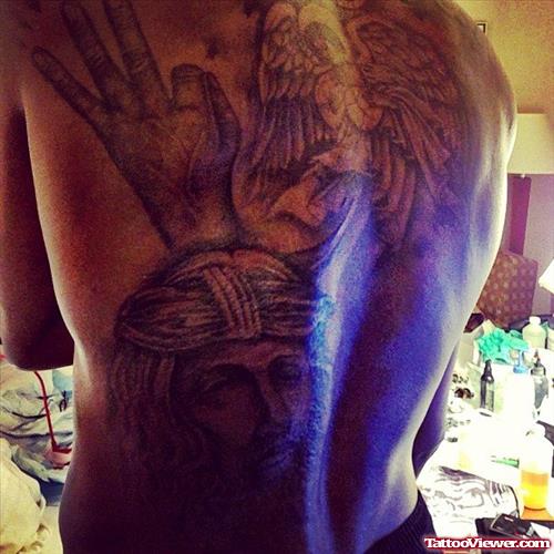 Angel And Jesus Head Tattoo On Back