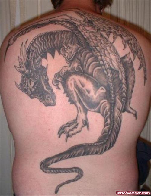 Awesome Grey Ink Dragon Back Tattoo For Men