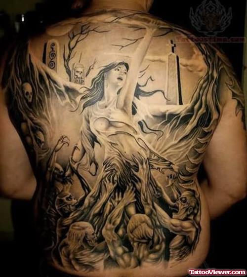 Grey ink Zombie Tattoo On Back