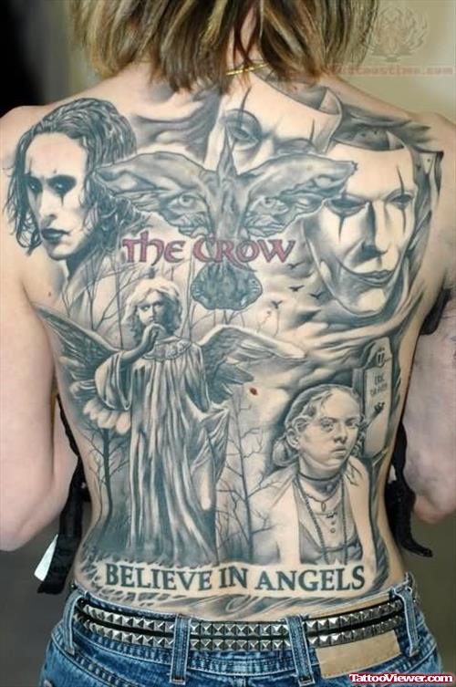 The Crow And Angel Tattoo On Back