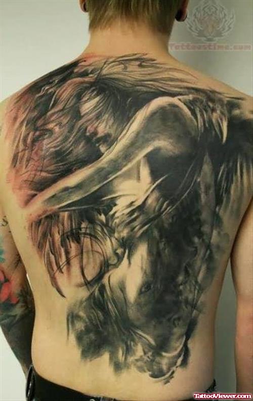 Grey Ink Scary Girl Tattoo On Back