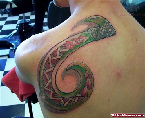 Green And Red ink Back Shoulder Tattoo