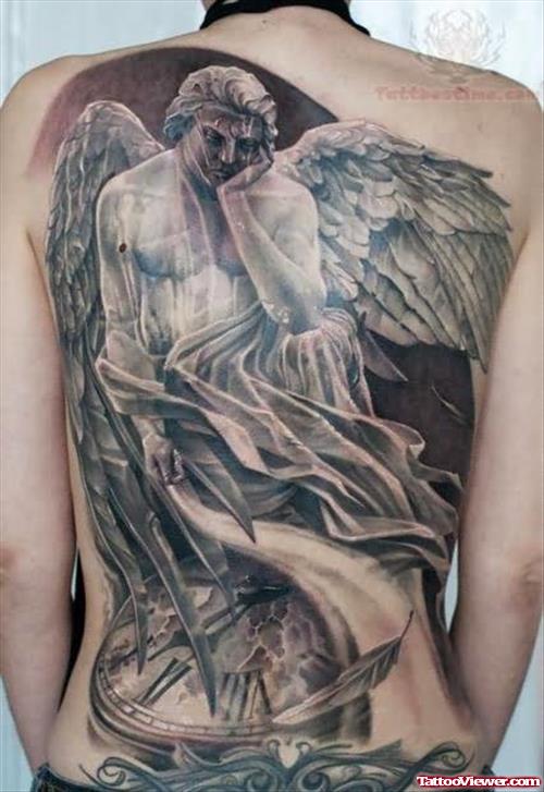 Angel And Watch Tattoo On Back