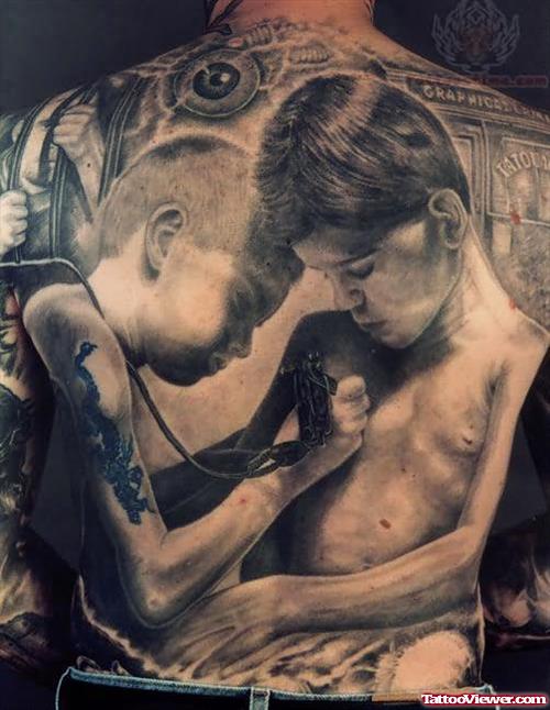 Grey Ink Children Tattoos On Back