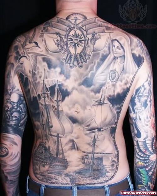 Saint Marry And Ship Tattoos On Back