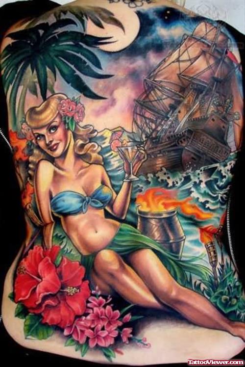 Flowers, Ship And Girl Tattoo On Back