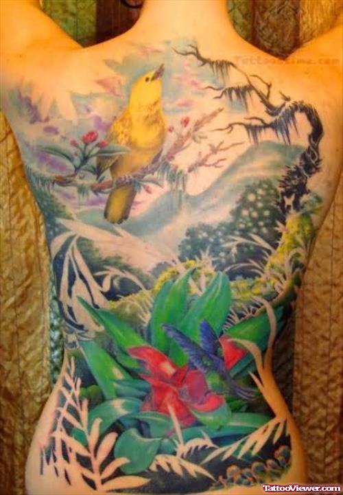 Bird And Trees Tattoo On Back