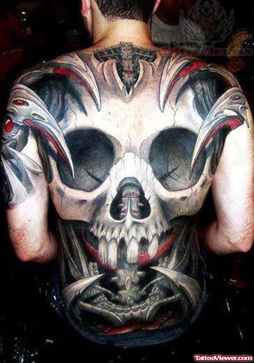 Biomechanical Grey Ink Skull Tattoo On Back