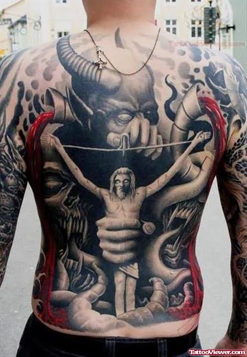 Scary Satan Grey Ink Tattoo