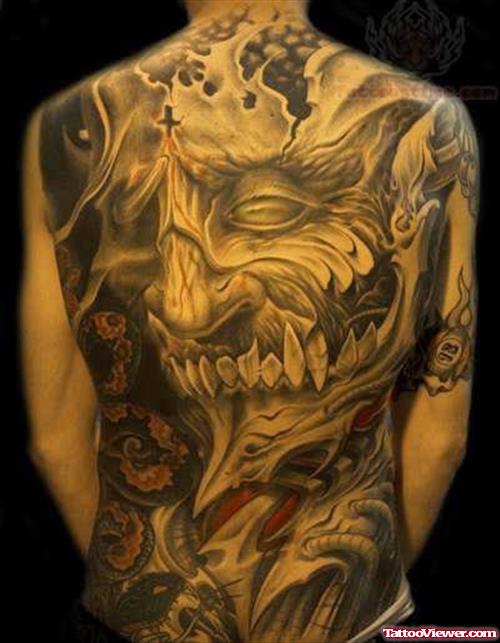 Biomechanical Scary Tattoo On Back