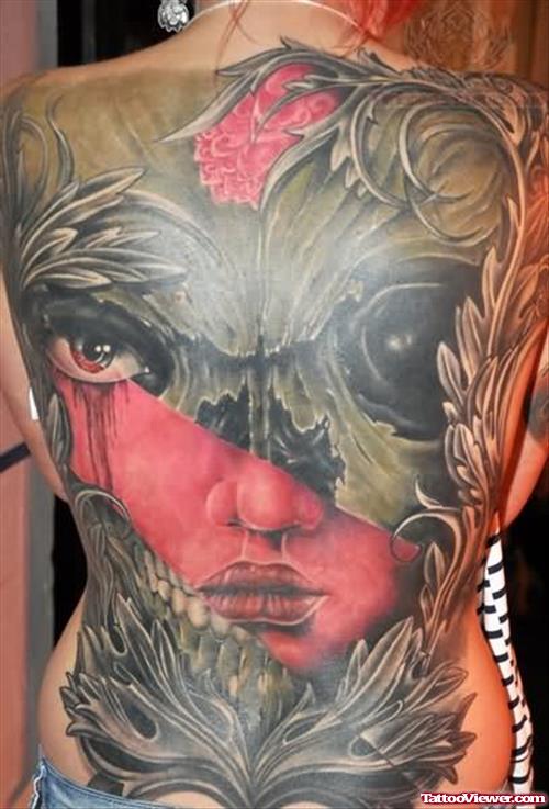 Back Body Feather Girl Face Tattoo