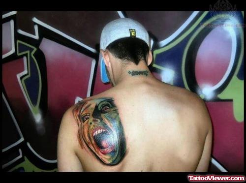 Horor Shouting Girl Tattoo On Back Shoulder