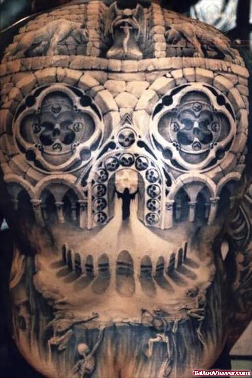 Grey Ink Skull Tattoo on Back For Men