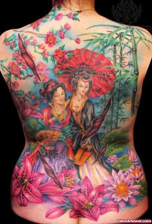 Geisha And Flowers Tattoo On Back