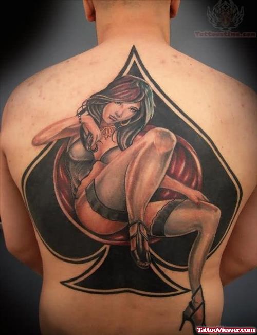 Ace Symbol And Girl Tattoo On Back