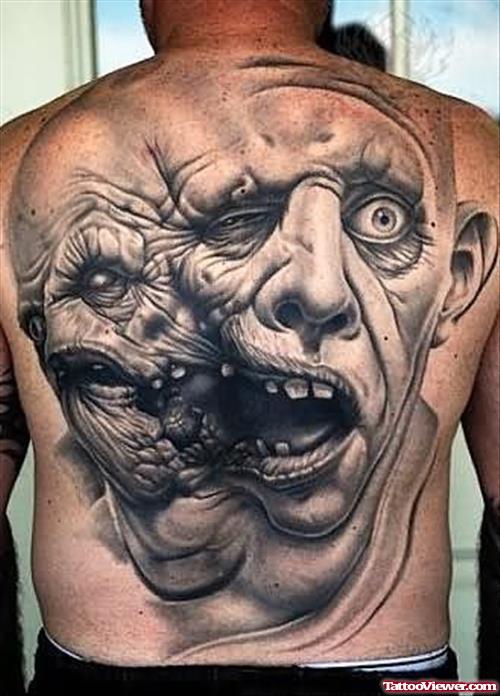 Zombie old Man Head Tattoo On Back