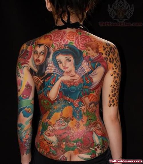 Roses And Girl Colorful Tattoo on Back