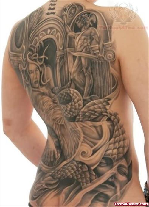 Grey Ink Back Body Tattoo