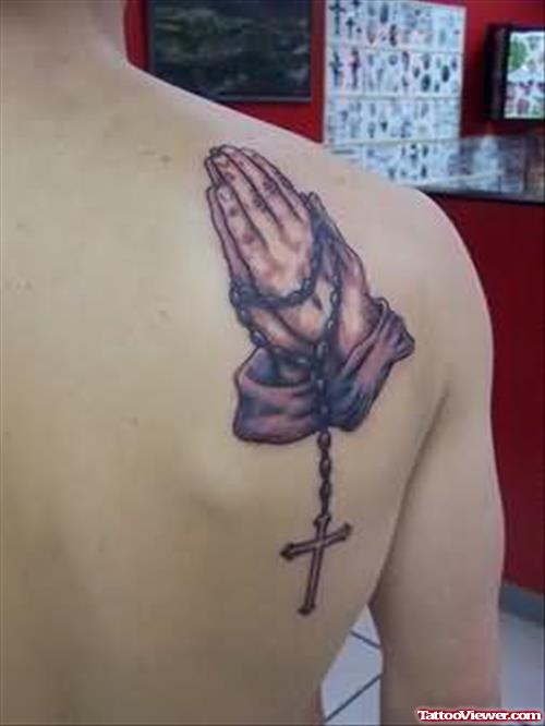 Praying Hands & Cross Tattoo On Back