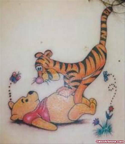 Tiger & Pooh Bear Tattoo On Back