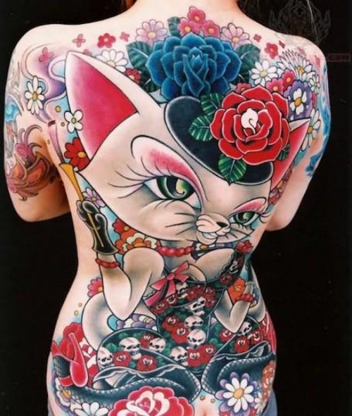 Kitty And Flowers Tattoo On Back