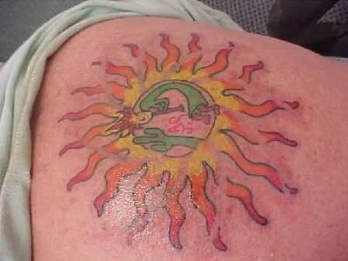 Stylish Sun Colour Tattoo On Back