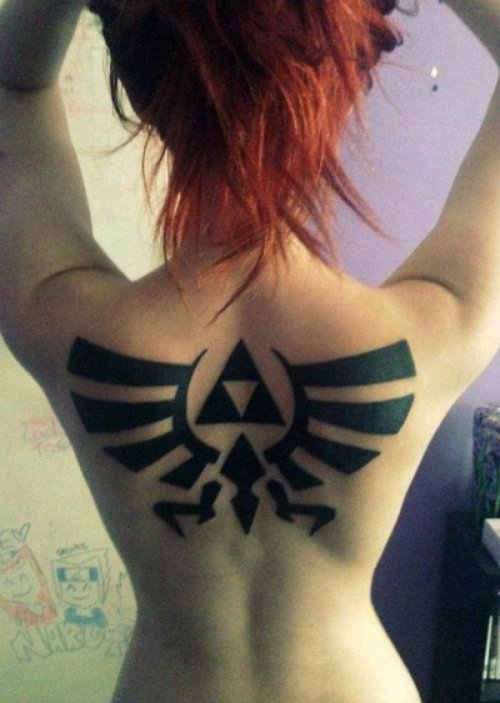 Black Ink Zelda Crest Back Tattoo