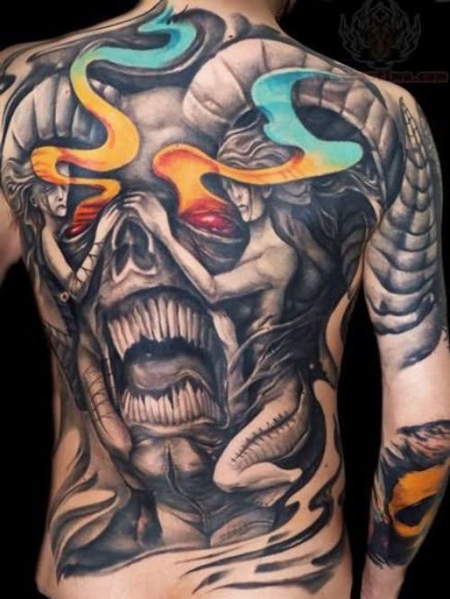 Satan Skull And Girls Tattoo On Back