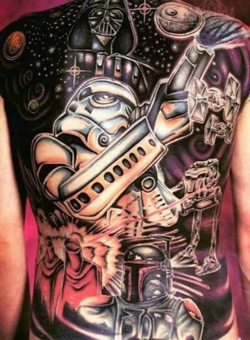 Galaxy And Science Man Tattoo On Back