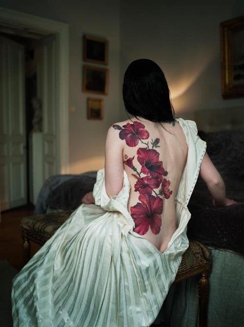 Red Lily Flowers Girl Back Tattoo