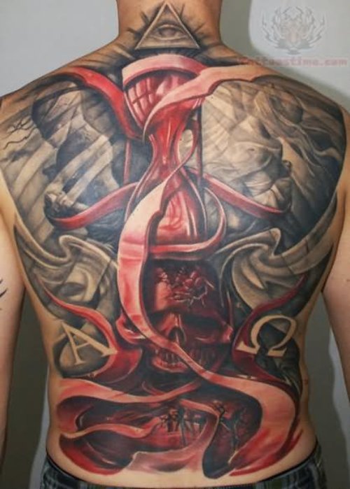 Skull And Hourglass Scary Tattoo On Back