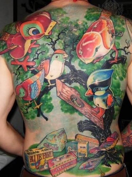 Color Sparrow Tattoos On Back Body