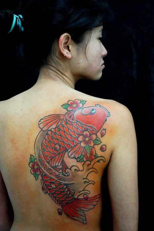 Colored Ink Koi Fish Back Tattoo