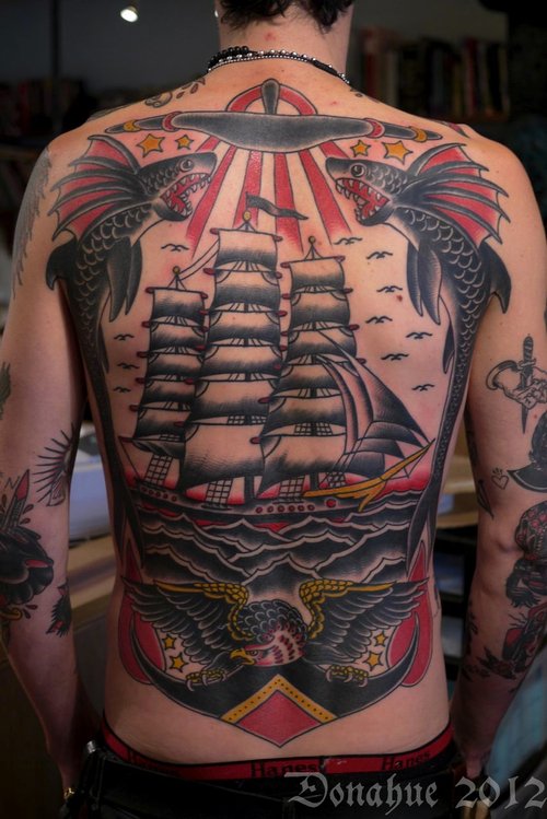 Anchor And Large Ship Back Tattoo