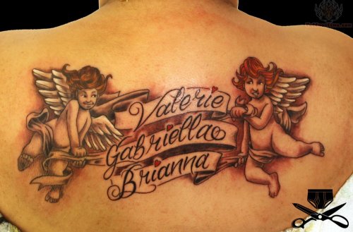 Grey Ink Cherub Angels With Banners Back Tattoo