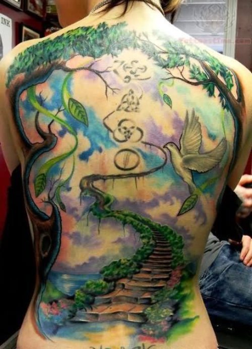 Color ink Garden Tattoo On Back