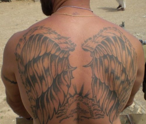Angel Wings Grey Ink Back Tattoo
