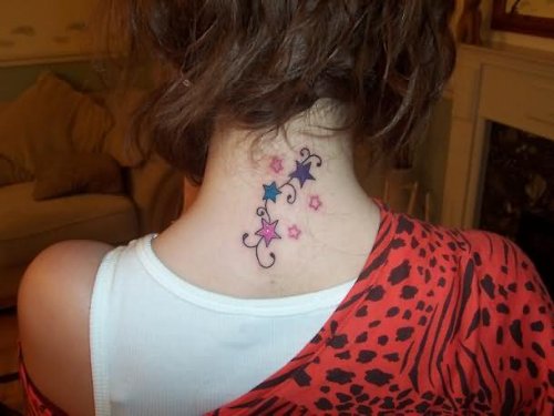 Colored Stars Tattoos On Girl Back