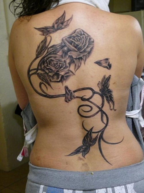 Grey Ink Rose Flowers And Butterflies Back Tattoo