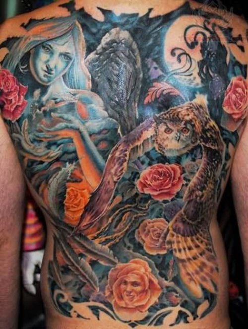 Owl And Flowers Tattoo On Back