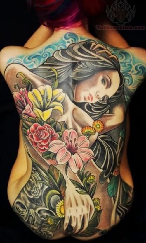 Lady With Flowers Tattoo On Back