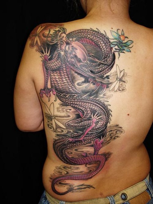 Colored Dragon And Flower Back Tattoo