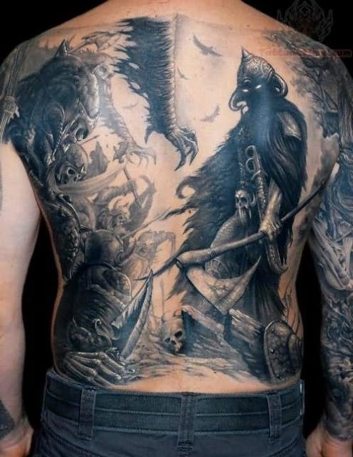 Horror Grey Ink Tattoo On Back