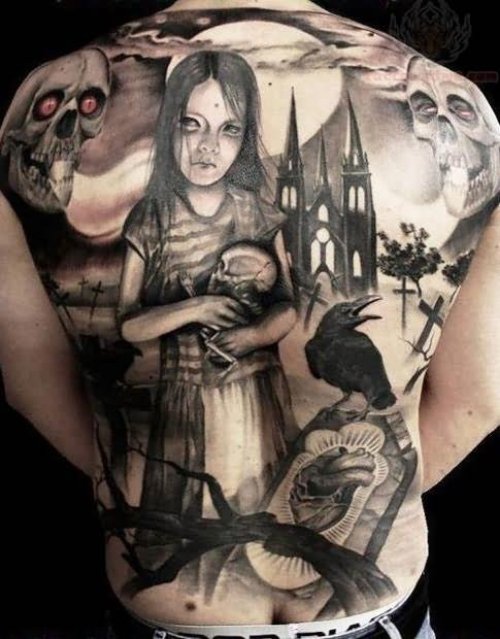 Crow And Scary Girl Tattoo On Back